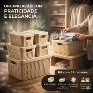 Kit 5 Caixas Organizadoras 2l 4,5l 17l Com Tampa Multiuso Cor Bege - Imagem 7