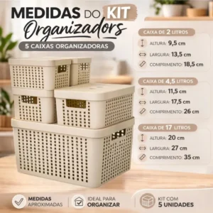Kit 5 Caixas Organizadoras 2l 4,5l 17l Com Tampa Multiuso Cor Bege - Imagem 3