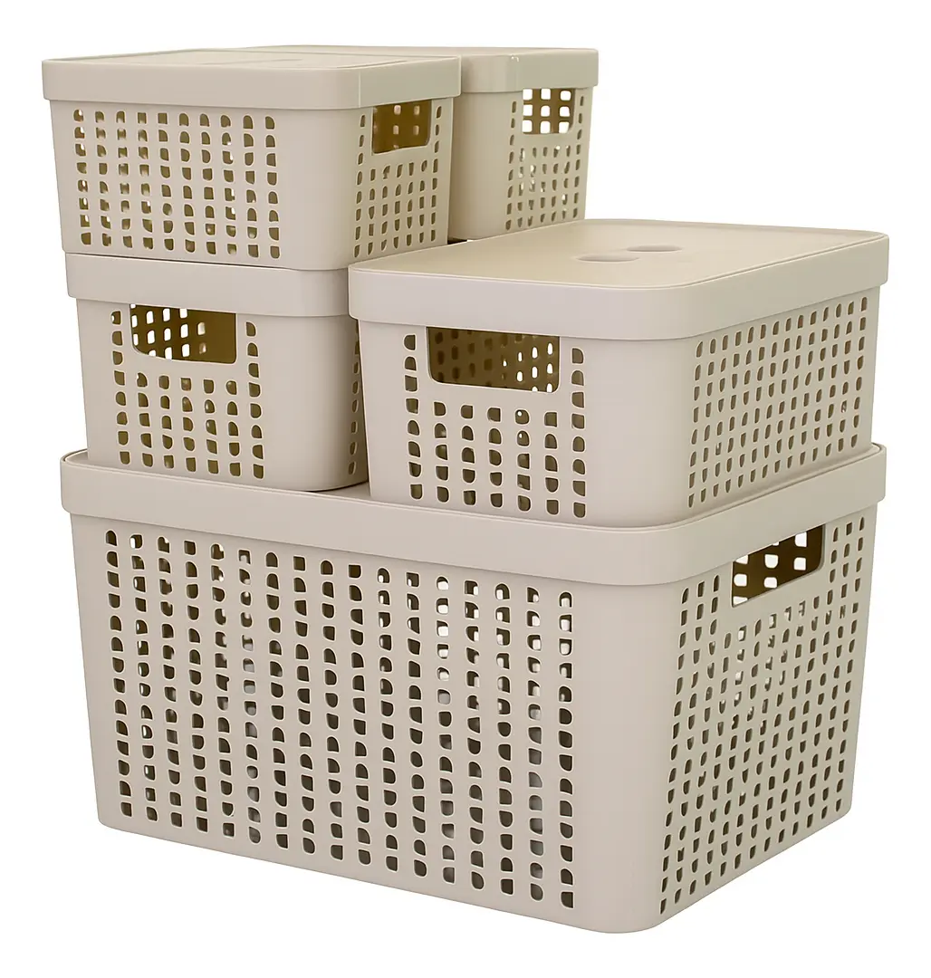 d483ca033c1f70e89507a839dd5ea424.webp Kit 5 Caixas Organizadoras 2l 4,5l 17l Com Tampa Multiuso Cor Bege - Imagem 1