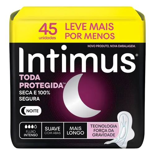 d5836e7d1b409264b76e42b900e693af.webp Absorvente Intimus Tripla Proteção Noite Suave Com Abas Fluxo intenso 45 Unidades - Imagem 1